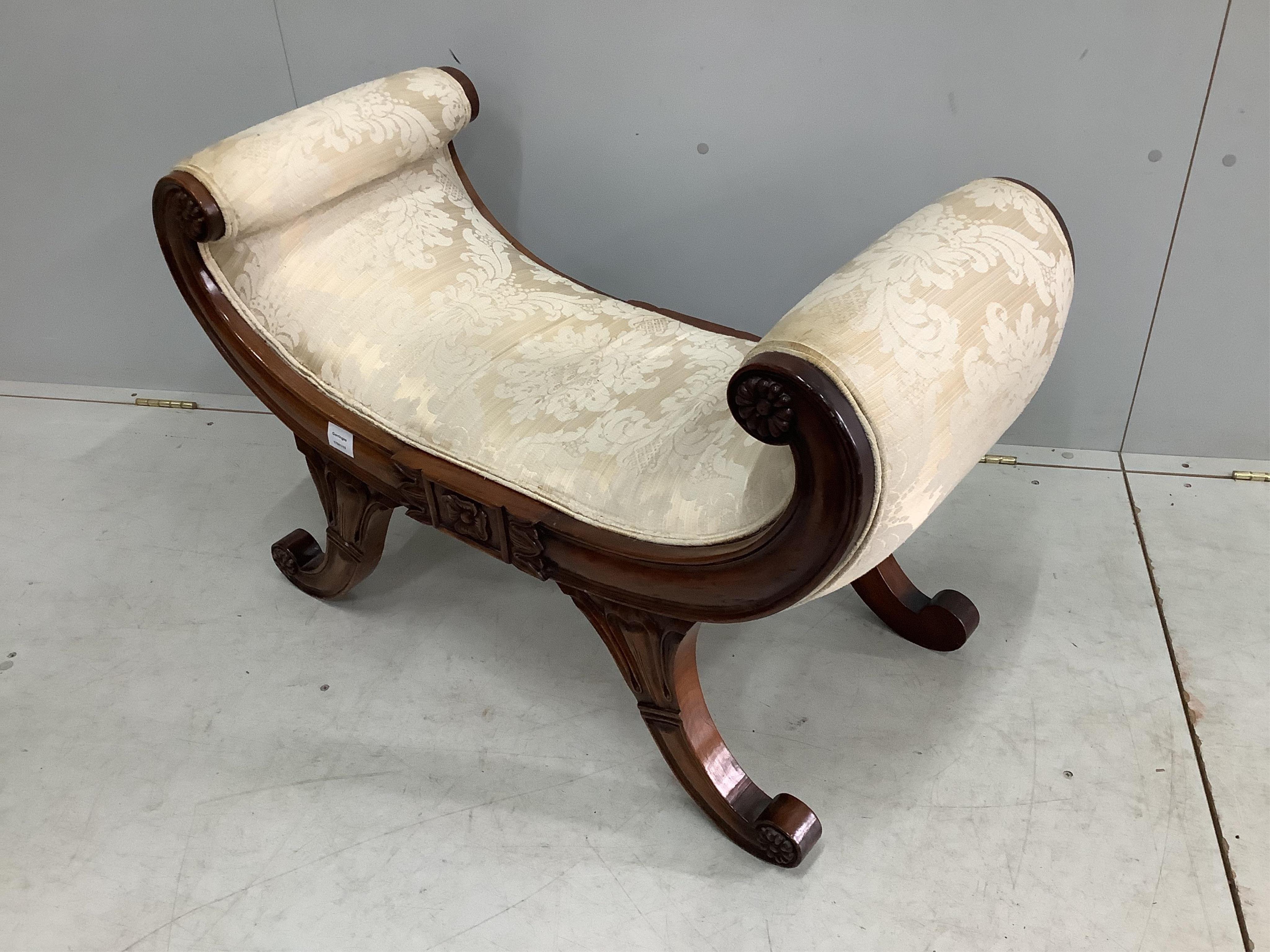 A reproduction Empire style upholstered mahogany window seat, width 90cm, depth 43cm, height 60cm. Condition - good